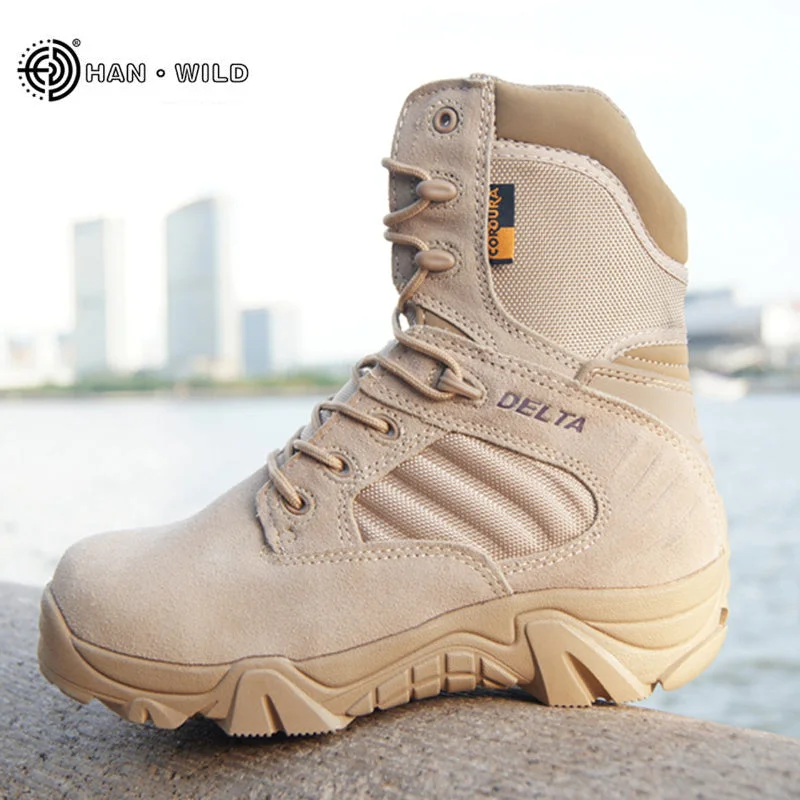 Men's work & safety boots with a gusseted tongue to keep out debrisWinter Autumn Men Military Boots Quality Special Force Tactical Desert Combat Ankle Boats Army Work Shoes Leather Snow Boots