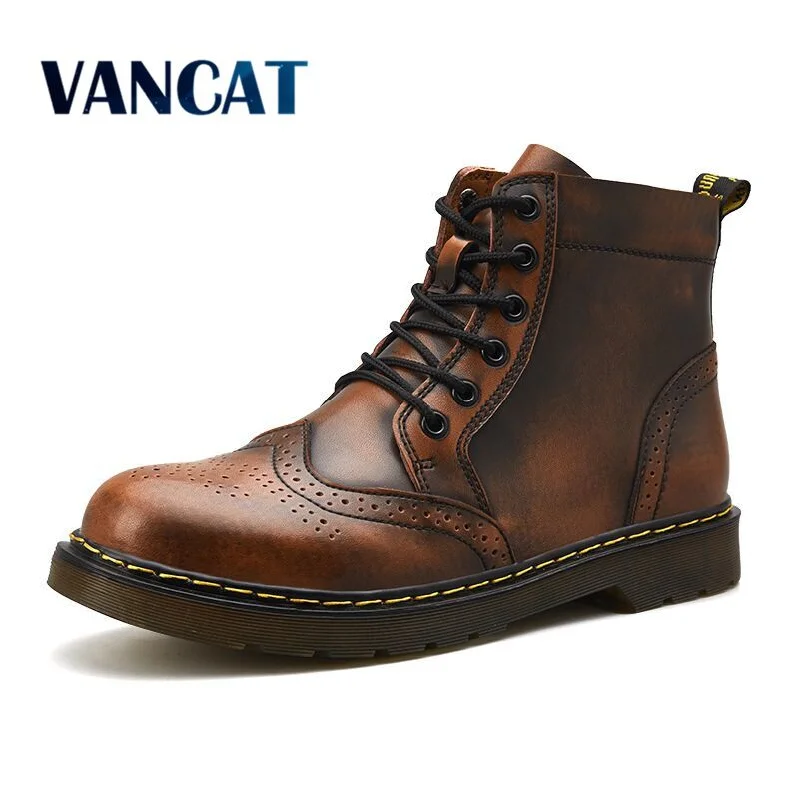 Men's work & safety boots with a flame - resistant upper for firefighting or welding workVancat  High Quality Genuine Leather Men Boots Winter Waterproof Ankle Boots Martin Boots Outdoor Working Snow Boots Men Shoes