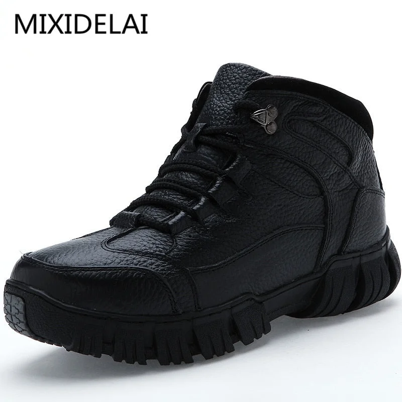 Men's work & safety boots with a high - traction lug pattern for uneven groundMIXIDELAI Super Warm Winter Men Boots Genuine Leather Boots Men Winter Shoes Men Military Fur Boots For Men Shoes Zapatos Hombre