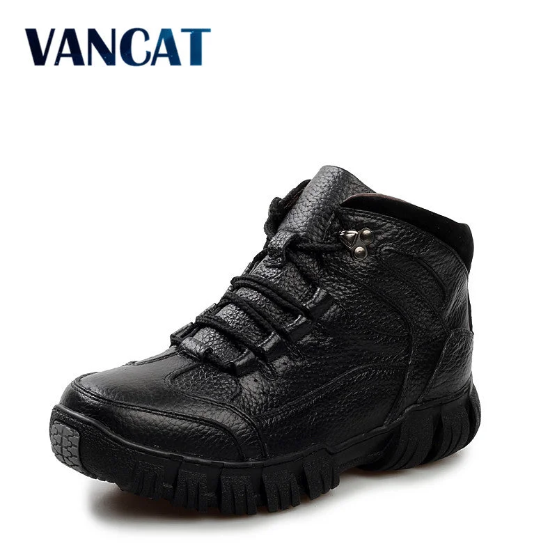 Men's work & safety boots with a gusseted tongue to keep out debrisVANCAT Super Warm  Winter Men Boots Genuine Leather Boots Men Winter Shoes Men Military Fur Boots For Men Shoes Zapatos Hombre