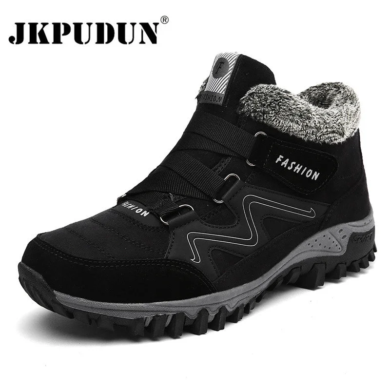 Men's work & safety boots with a durable rubber outsole for traction on rough terrainJKPUDUN Leather Men Boots Winter with Fur 2018 Warm Snow Boots Men Winter Work Casual Shoes Sneakers High Top Rubber Ankle Boots