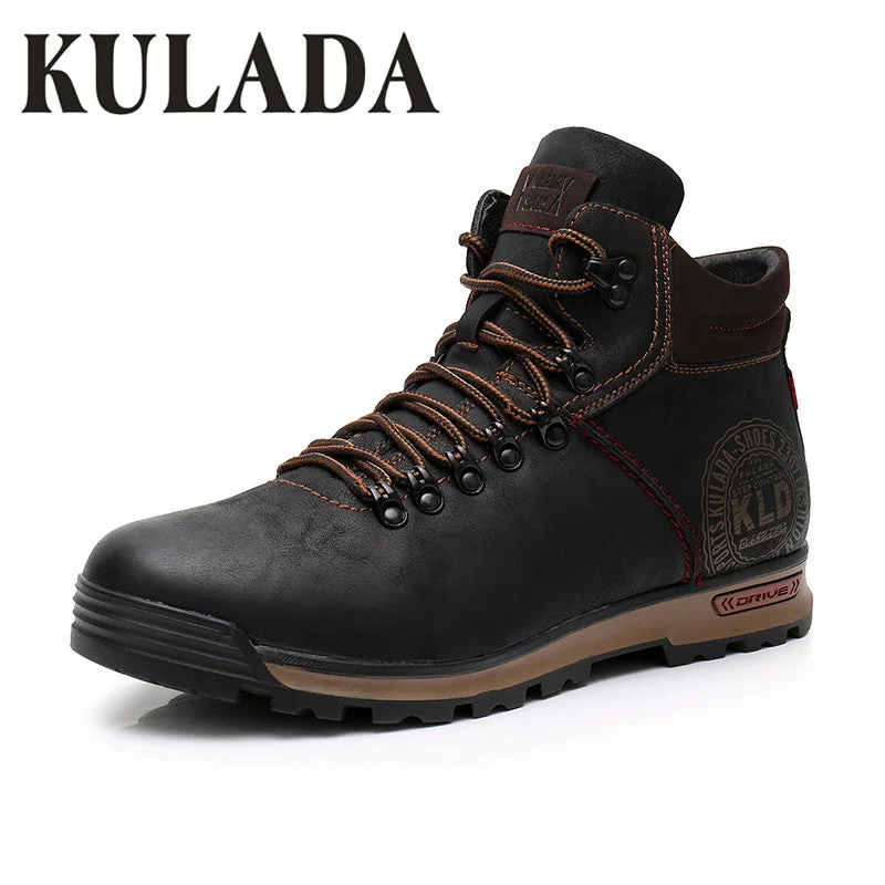 Men's waterproof steel - toe work & safety boots for wet environmentsKULADA 2018 Men Leather Sneakers Boots Fashion Winter Snow Warm Boots Men Lace Up Breathable Footwear Men Winter High Top Shoes