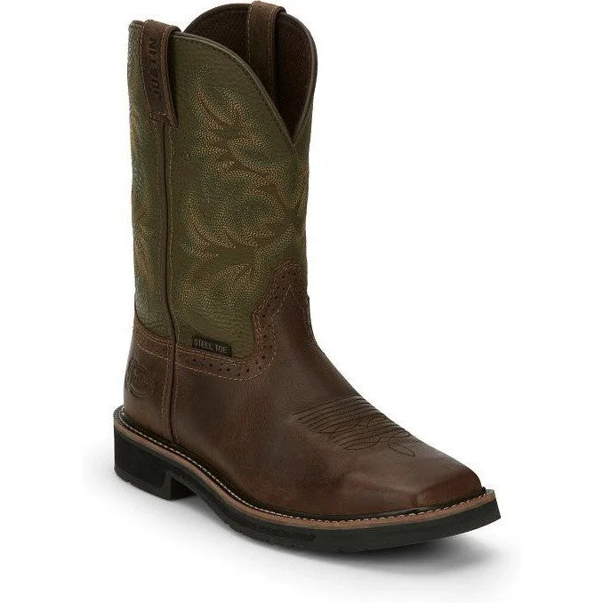 Men's work & safety boots with a cushioned midsole for comfortJustin Men's Driller 11" ST Western Work Boot -Brown/Green- SE4688