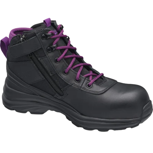 Men's breathable mesh - lined work & safety boots for hot weatherBLUNDSTONE 887 Ladies Zip Safety Boot - Black & Purple