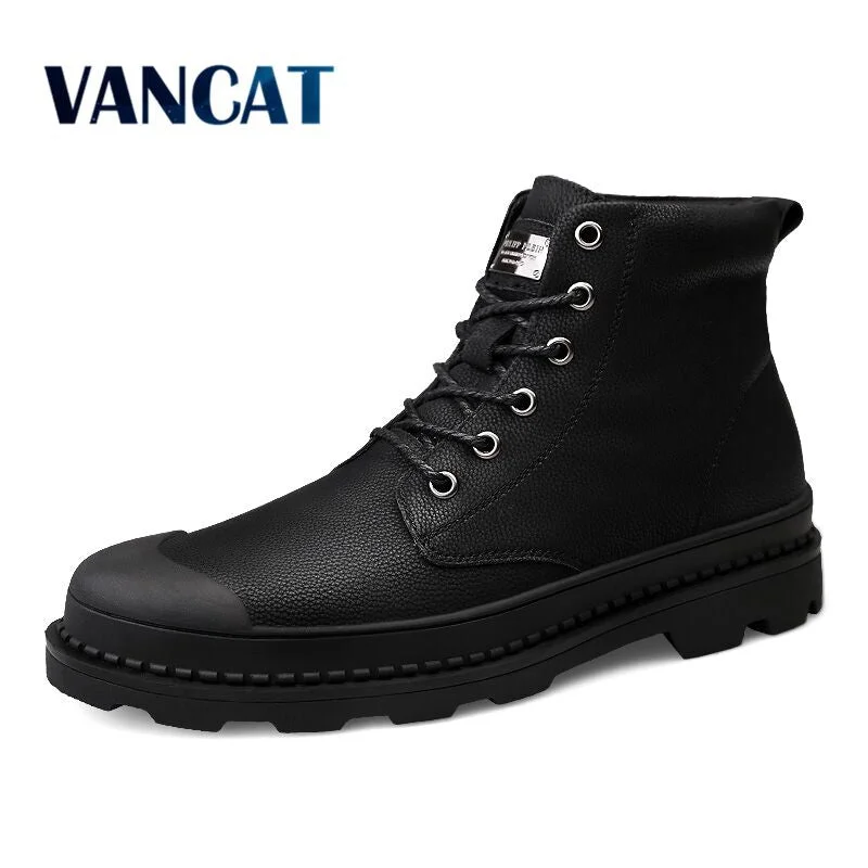 Men's work & safety boots with a gusseted tongue to keep out debrisVancat High Quality Genuine Leather Men Boots Winter Waterproof Ankle Boots Martin Boots Outdoor Working Snow Boots Men Shoes