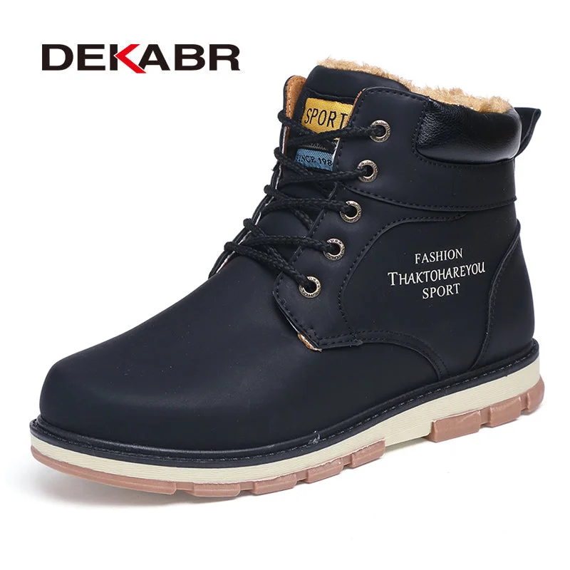 Men's work & safety boots with a high - traction lug pattern for uneven groundDEKABR Brand Hot Sale Winter Snow Boots High Quality Pu Leather Warm Boots Waterproof  Casual Working Shoes Fashion Men Boots