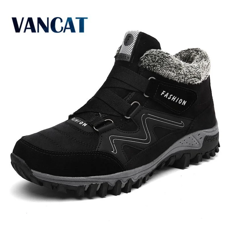 Men's work & safety boots with a high - traction lug pattern for uneven groundVANCAT Men Boots Winter With Fur 2018 Warm Snow Boots Men Winter Boots Work Shoes Men Footwear Fashion Rubber Ankle Shoes 39-46