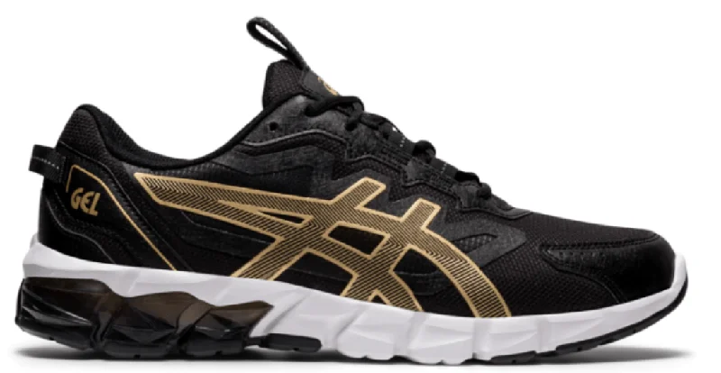 Men's black canvas sneakers with a red soleMen’s Asics Gel-Quantum 90 ‘Black/Pure Gold’