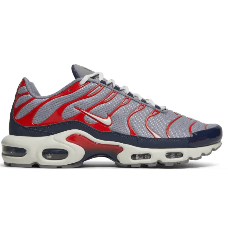 Men's black canvas sneakers with a red soleMen’s Nike Air Max Plus TN ‘Cement Grey/Summit White’