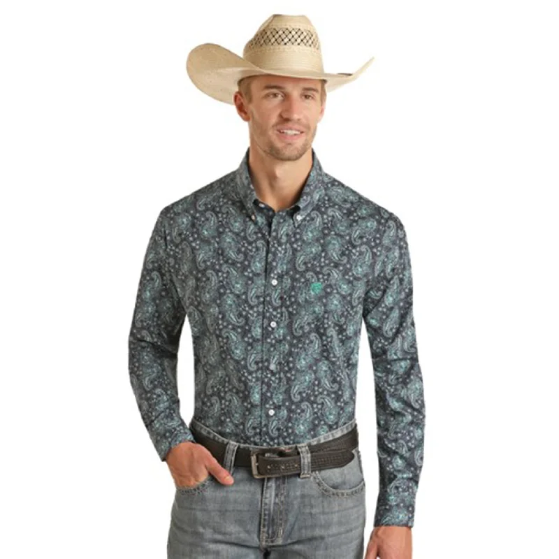 Men's western boots with a traditional western boot silhouette and a polished shineRock & Roll Men's Blue Paisley Long Sleeve Shirt