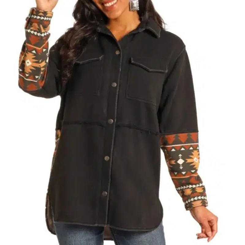 Men's western boots with a distressed leather finish for a rugged lookRock & Roll Women's Black Aztec Shacket With Hood