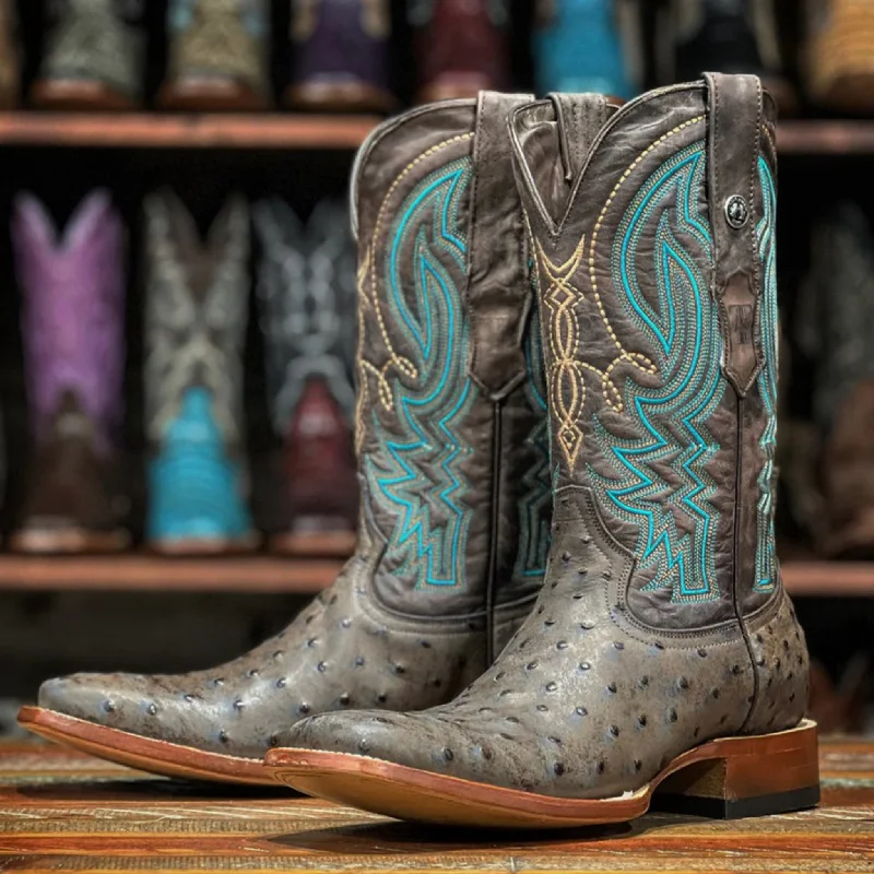 Men's western boots with a leather sole and a heel guardTanner Mark Men's Brown Ostrich Print Boots