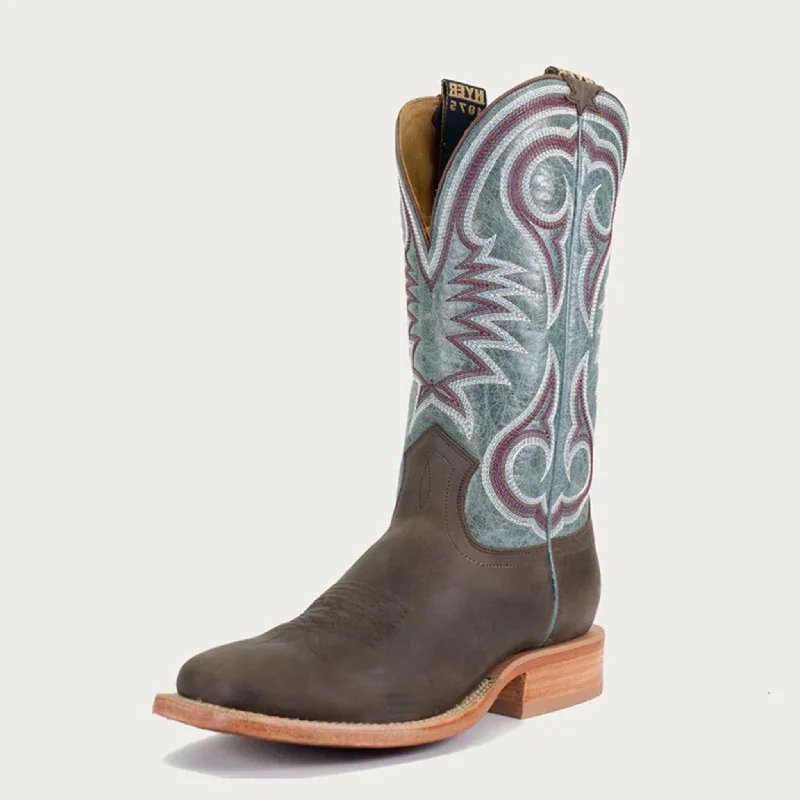 Men's western boots with a high - heeled design and a pointed toeHyer Men's Chocolate Mule & Denim Boots