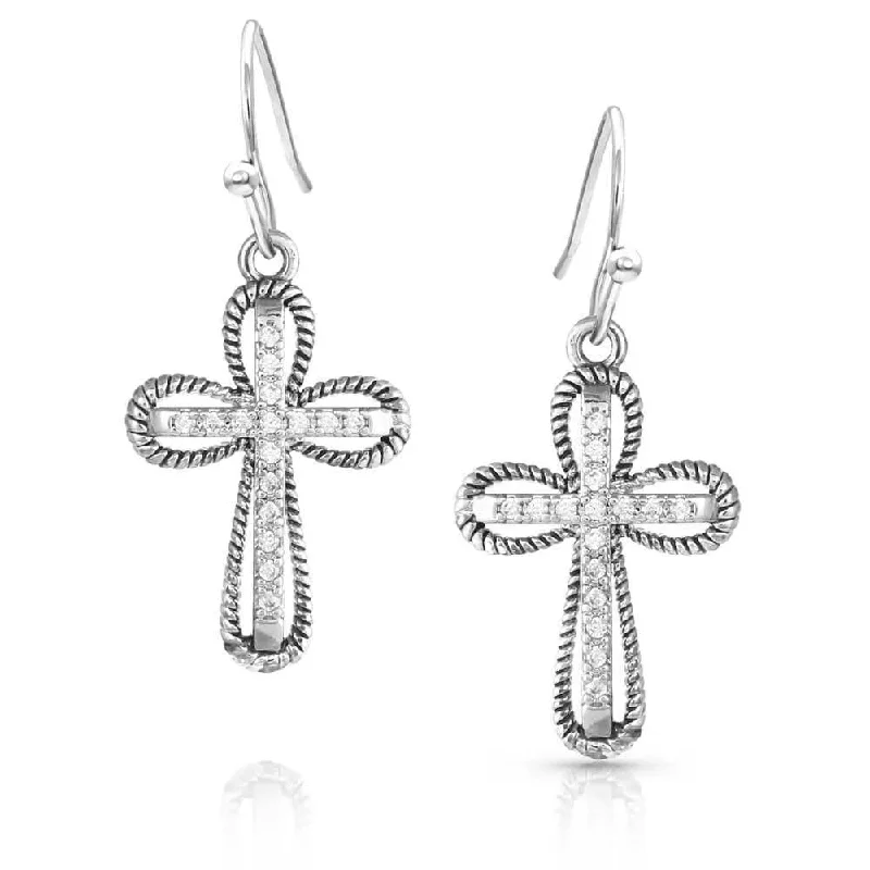 Men's western boots with a decorative concho belt and buckleMontana Silversmiths Expressive Faith Crystal Cross Earrings