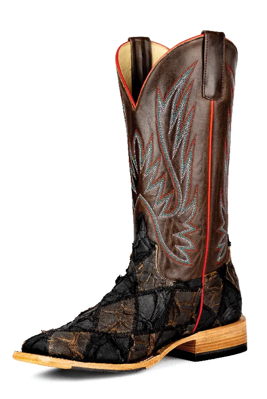 Men's western boots with a suede shaft and a leather soleHorsepower Top Hand Men's Patchwork Bass Boots