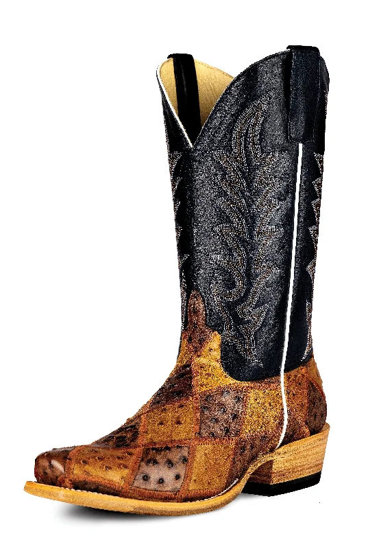 Men's western boots with a traditional western boot silhouette and a polished shineHorsepower Top Hand Men's Ostrich Patchwork Boots