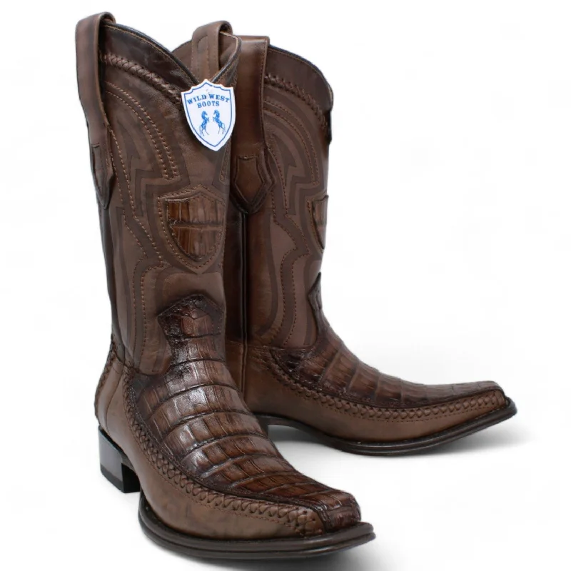 Men's western boots with a decorative concho belt and buckleMen's Wild West Caiman Belly with Deer Square Toe Boot 277LF8216