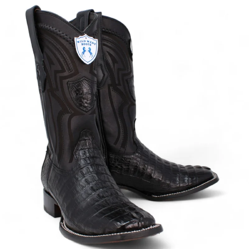 Western - style men's boots with intricate tooling and stitchingMen's Wild West Caiman Tail Ranch Toe Boot 2824L0105