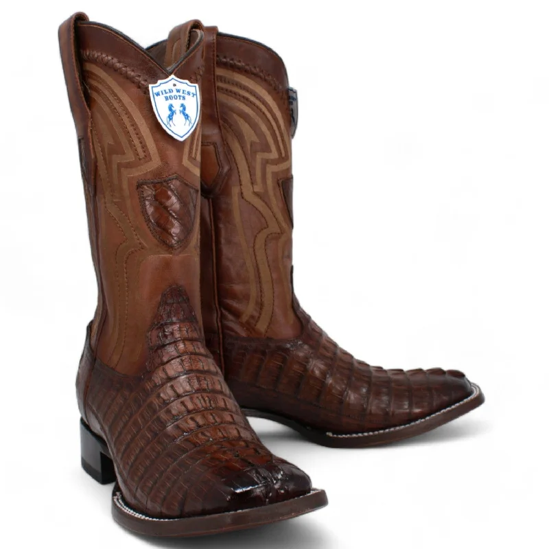 Men's western boots with a traditional western boot silhouette and a polished shineMen's Wild West Caiman Tail Ranch Toe Boot 2824L0116