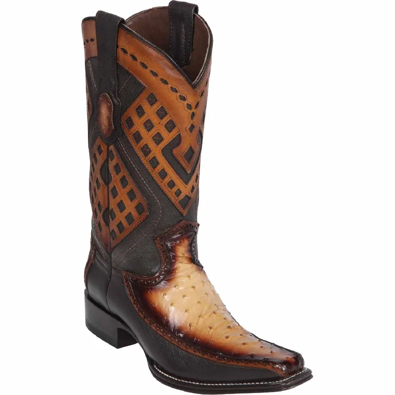 Men's western boots with a tooled leather design on the shaftMen's Wild West Ostrich with Deer Skin Square Toe Boot 276F0315