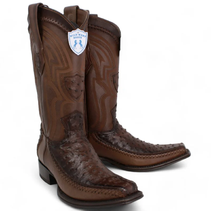 Men's western boots with a scalloped edge and a pull - on strapMen's Wild West Ostrich with Deer Skin Square Toe Boot 277LF0316