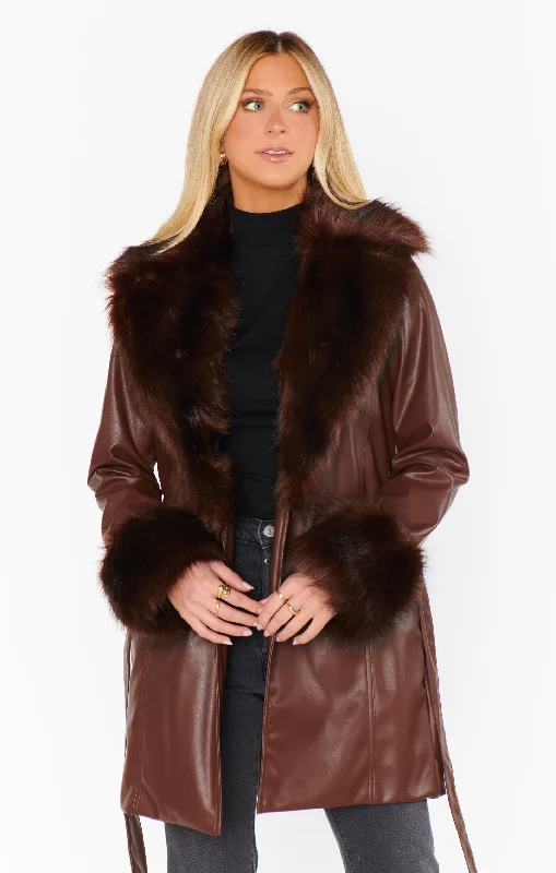 Men's western boots with a leather - wrapped heel and a smooth finishPenny Lane Coat ~ Cocoa Faux Leather with Faux Fur