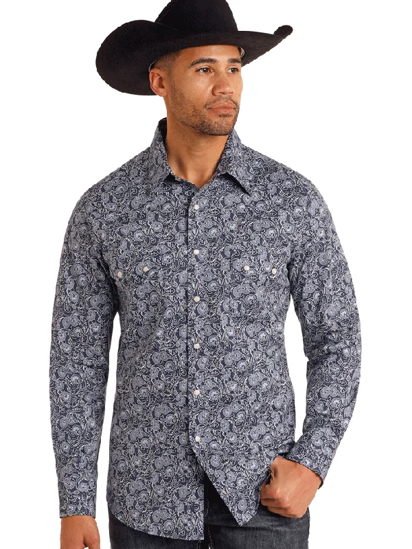 Men's western boots with a leather lining and a padded insoleRock & Roll Denim BMN2S05485 Mens Long Sleeve Paisley Snap Shirt Blue