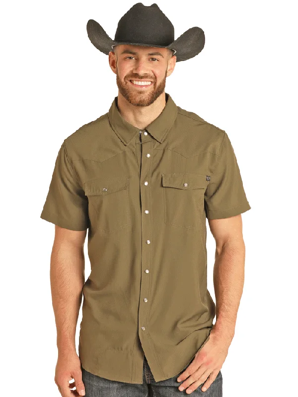 Men's western boots with a leather sole and a heel guardRock & Roll Denim BMN3S02400-OLV Mens Ripstop Short Sleeve Snap Shirt Olive