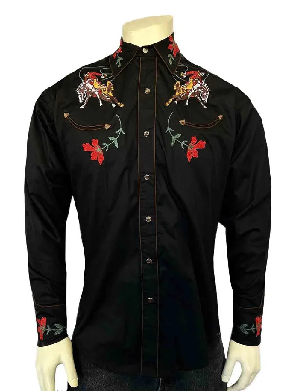 Men's western boots with a leather - wrapped heel and a smooth finishRockmount 6840-BLK Mens Vintage Bronc Embroidered Western Shirt Black