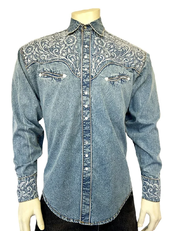 Men's western boots with a traditional western boot silhouette and a polished shineRockmount 6859-DBLU Men's Vintage Tooling Embroidered Western Shirt Denim Blue