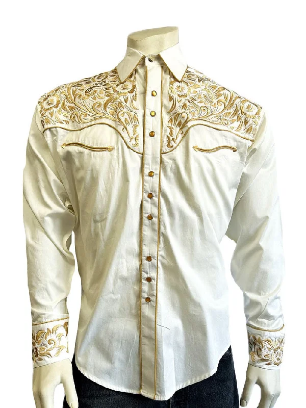 Men's western boots with a traditional western boot silhouette and a polished shineRockmount 6859-IG Men's Vintage Tooling Embroidered Western Shirt Ivory Gold