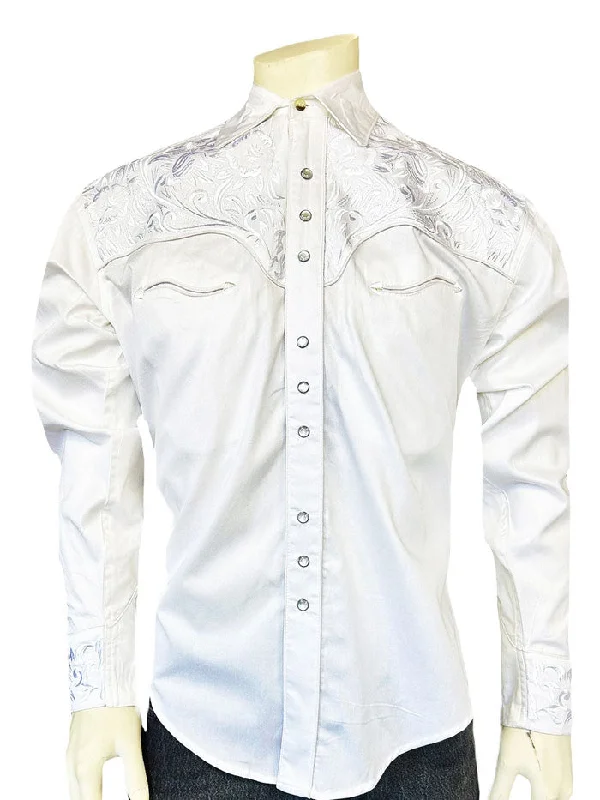 Men's western boots with a decorative concho belt and buckleRockmount 6859-WHT Men's Vintage Tooling Embroidered Western Shirt White