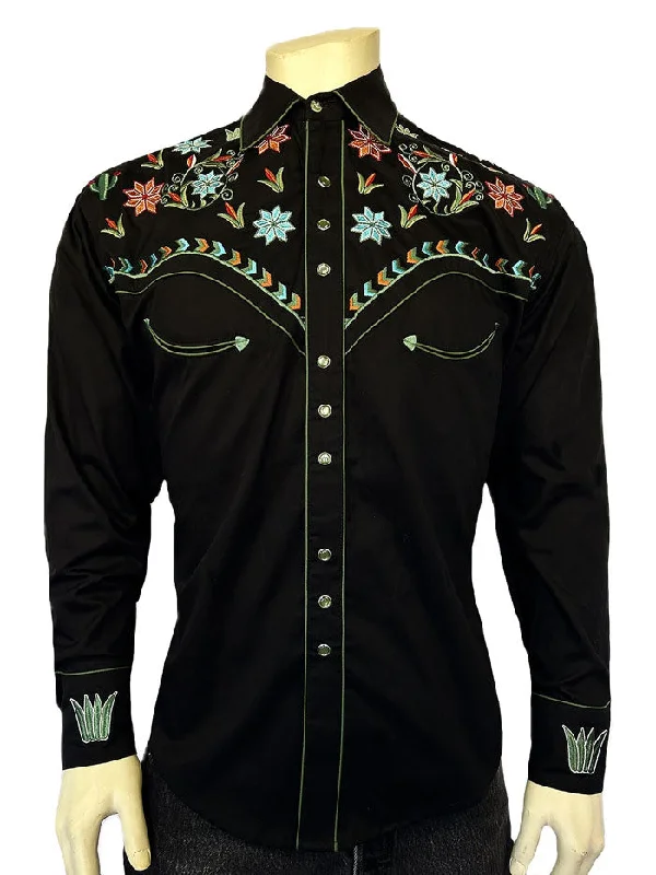 Men's western boots with a leather sole and a heel guardRockmount 6865-BLK Mens Agave Cactus Floral Embroidery Western Shirt Black