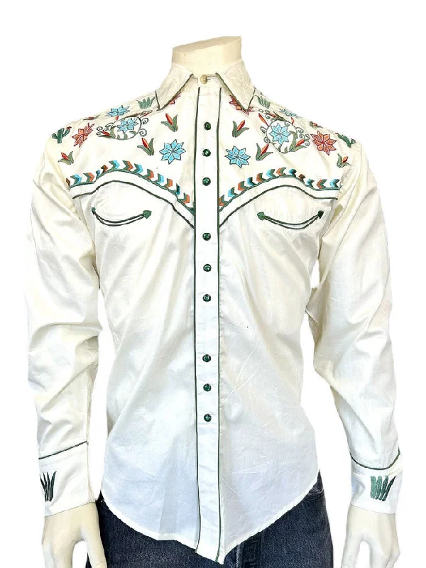 Men's western boots with a high - heeled design and a pointed toeRockmount 6865-IVO Mens Agave Cactus Floral Embroidery Western Shirt Ivory