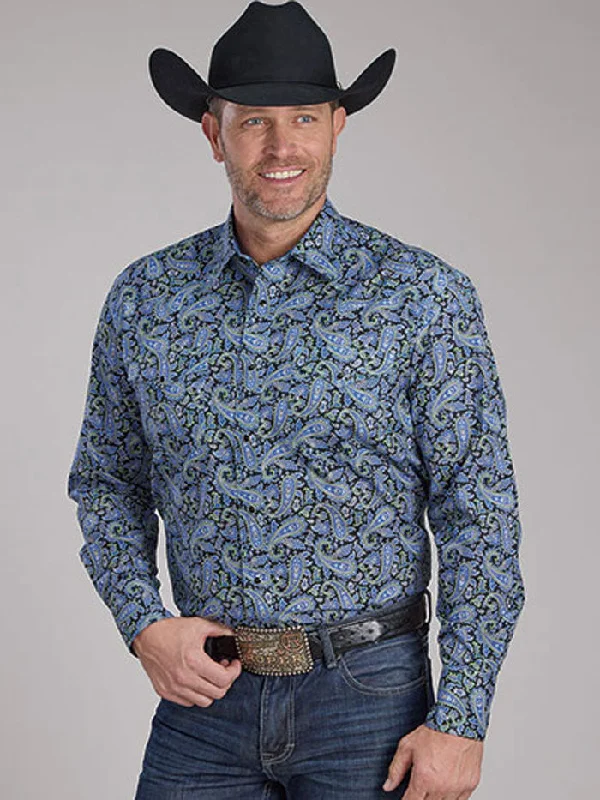 Men's western boots with a decorative inlay on the toe and heelRoper 03-001-0225-1010 Mens Amarillo Collection All Over Print Snap Shirt Blue