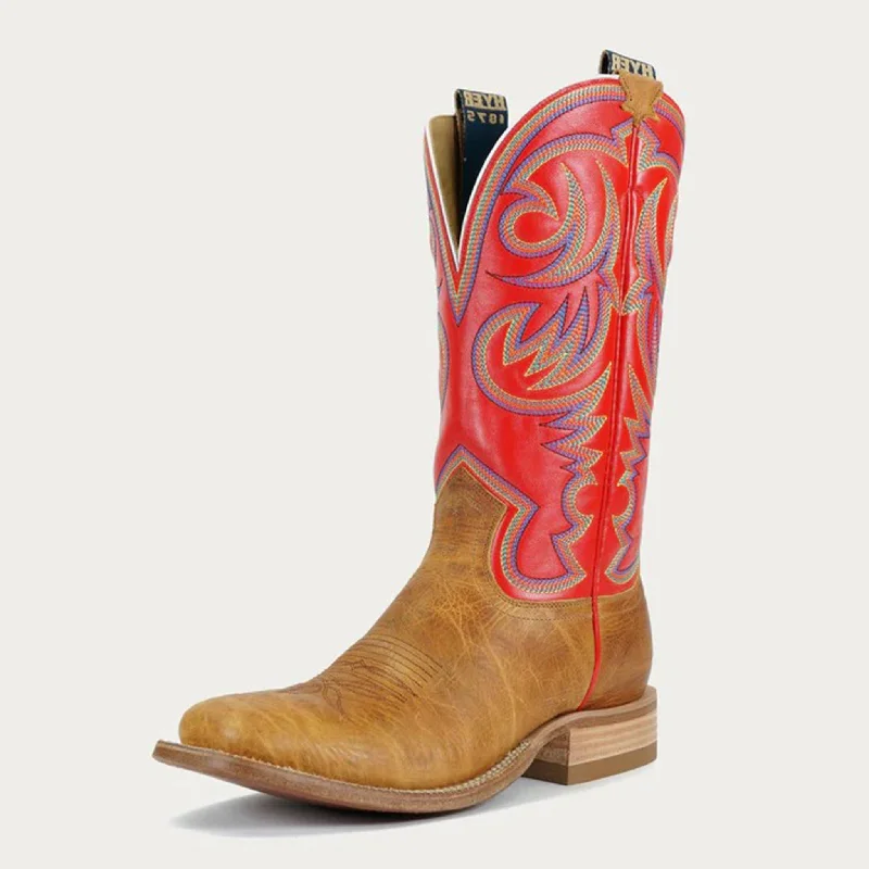 Men's western boots with a tooled leather design on the shaftHyer Men's Tan Sawyer Red Square Toe Boots