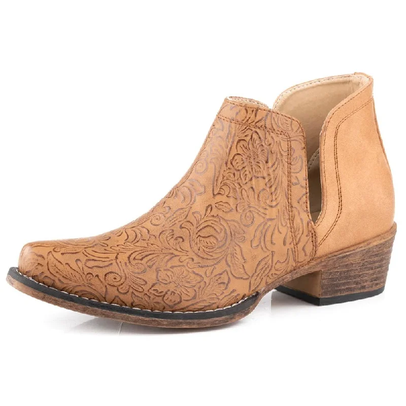 Western - style men's boots with intricate tooling and stitchingRoper Ladies' Tan Tooled Shortie Boot