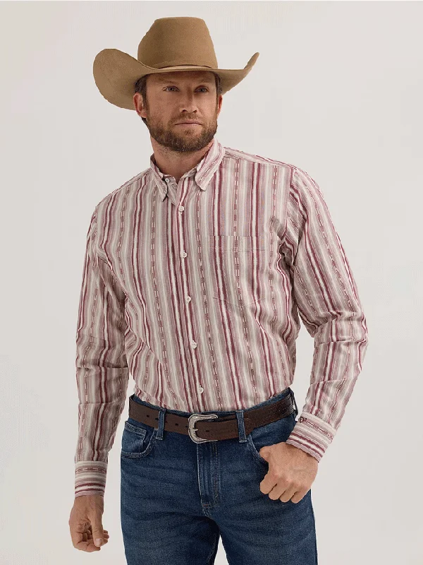 Men's western boots with a traditional western boot silhouette and a polished shineWrangler 112357669 Mens Cody Johnson Button Down Stripe Shirt Burgundy