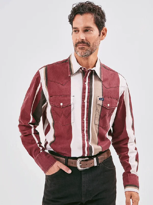 Men's western boots with a suede shaft and a leather soleWrangler 112358326 Mens Vintage Inspired Brushpopper Stripe Shirt Burgundy